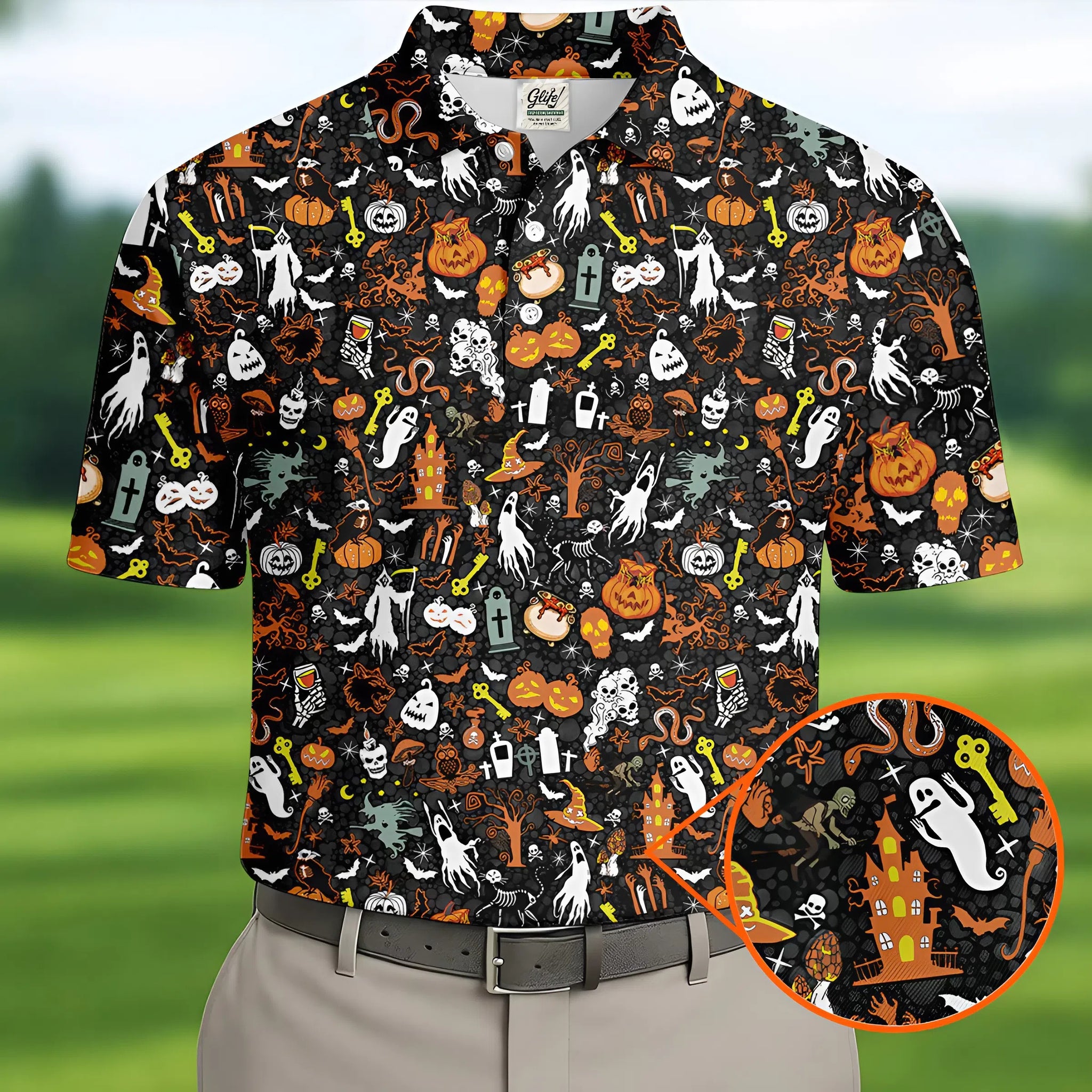 Trick or Treat Spooky Ghost Pumpkin Men's Golf Shirt, Halloween Golf Shirt, Fun Golf Shirts For Mens