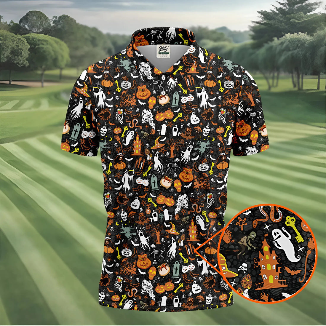Trick or Treat Spooky Ghost Pumpkin Men's Golf Shirt, Halloween Golf Shirt, Fun Golf Shirts For Mens