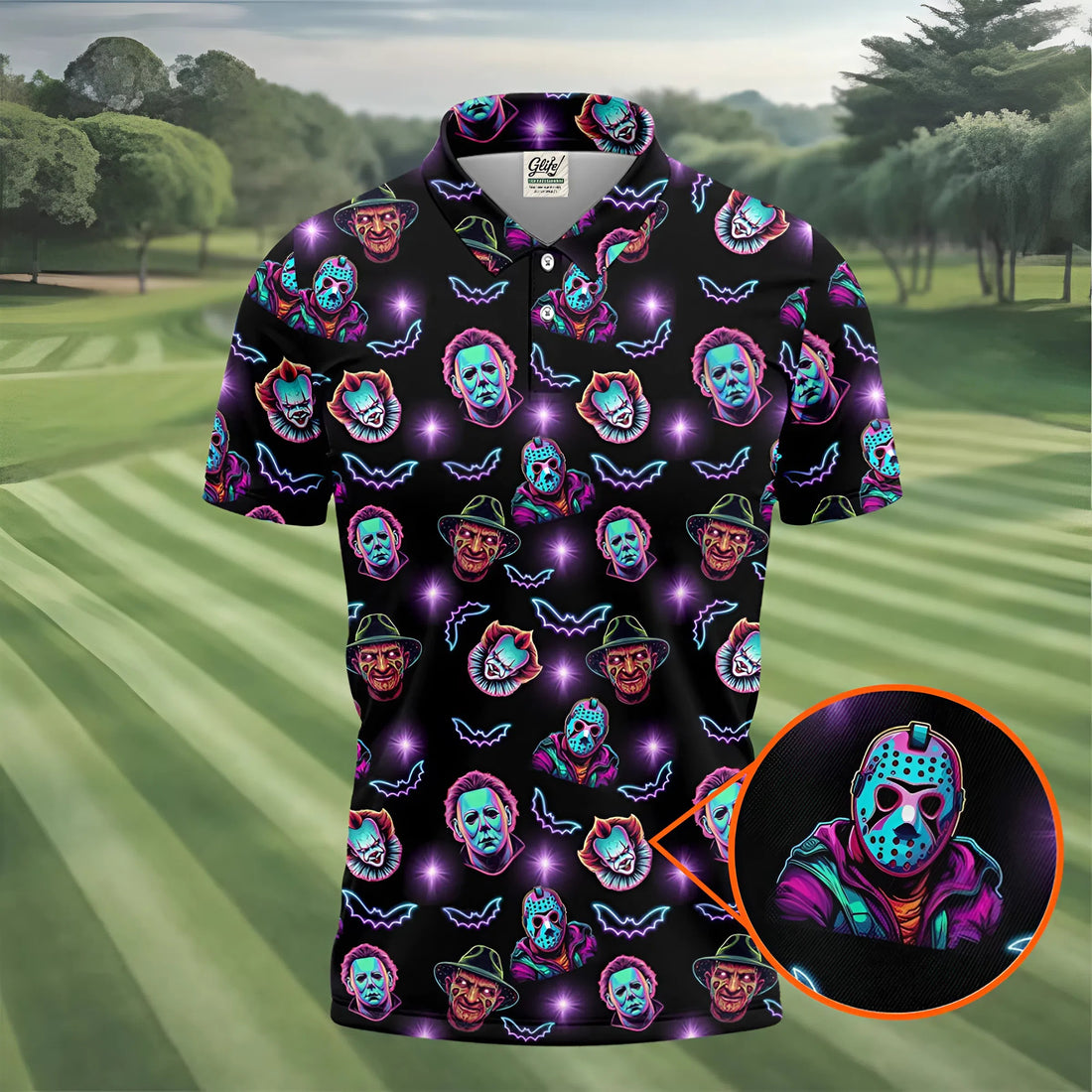 Funny Horror Movie Men's Golf Shirt, Horror Character Neon Shirt, Halloween Golf Shirt, Men Golf Gift