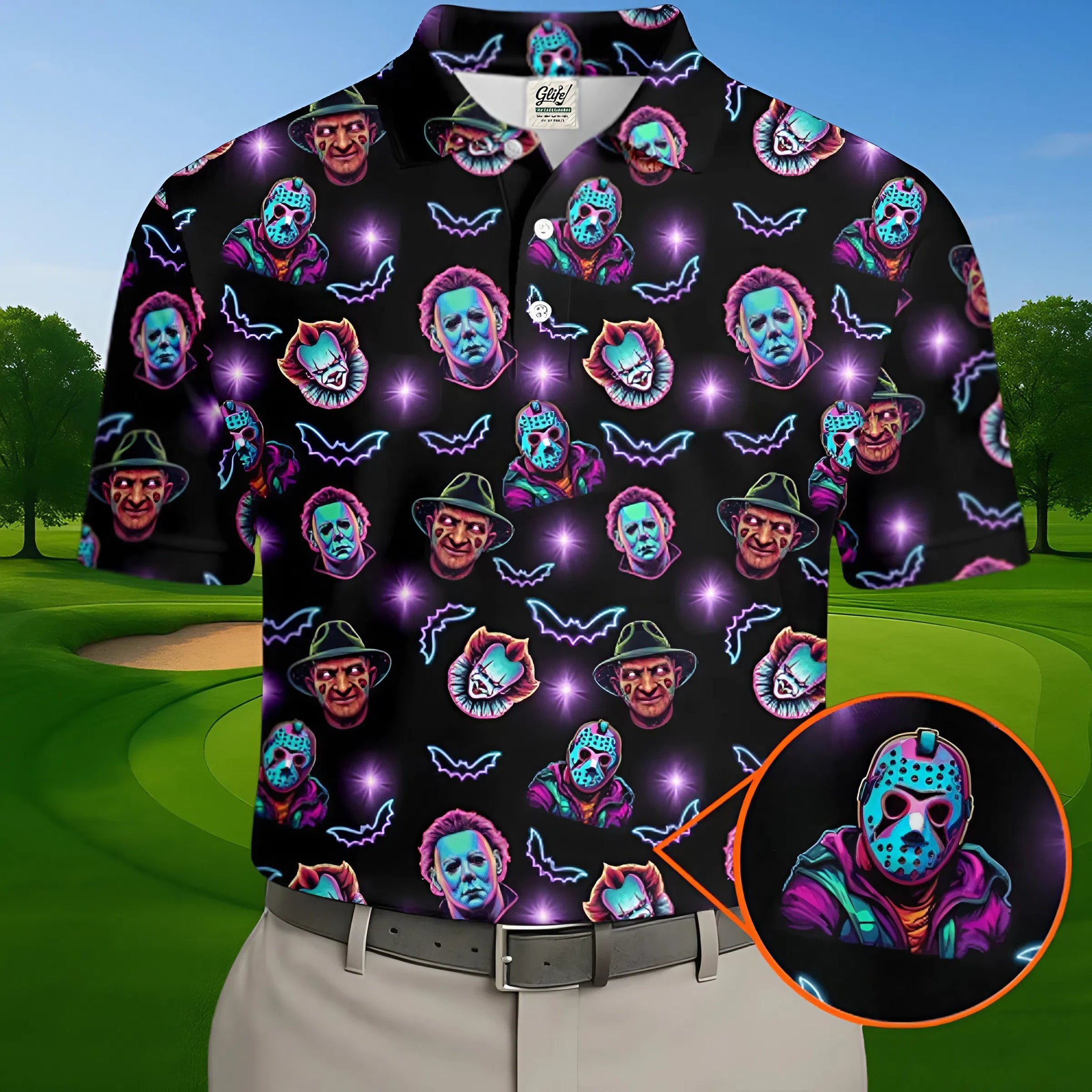 Funny Horror Movie Men's Golf Shirt, Horror Character Neon Shirt, Halloween Golf Shirt, Men Golf Gift