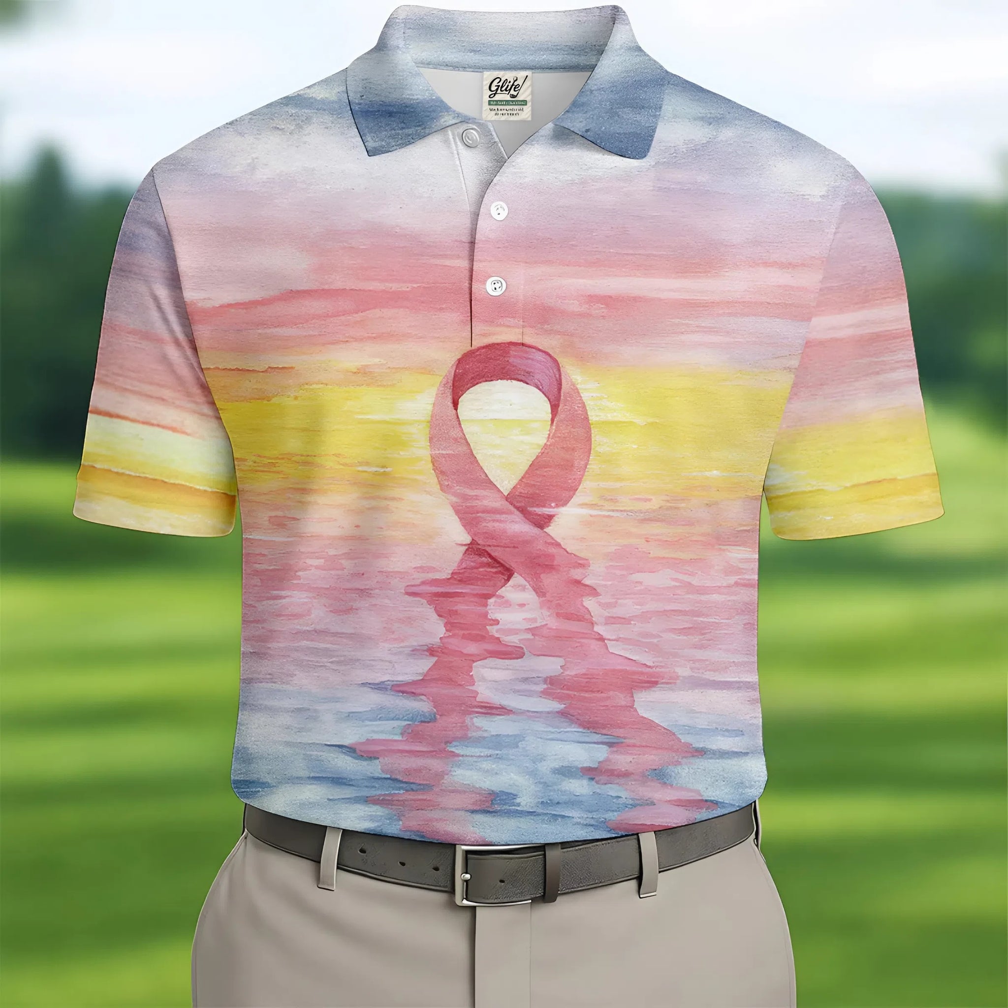 Pink Ribbon Breast Cancer Men's Polo Shirt, Breast Cancer Awareness Shirt, Men Golf Shirt, Golf Gift For Him