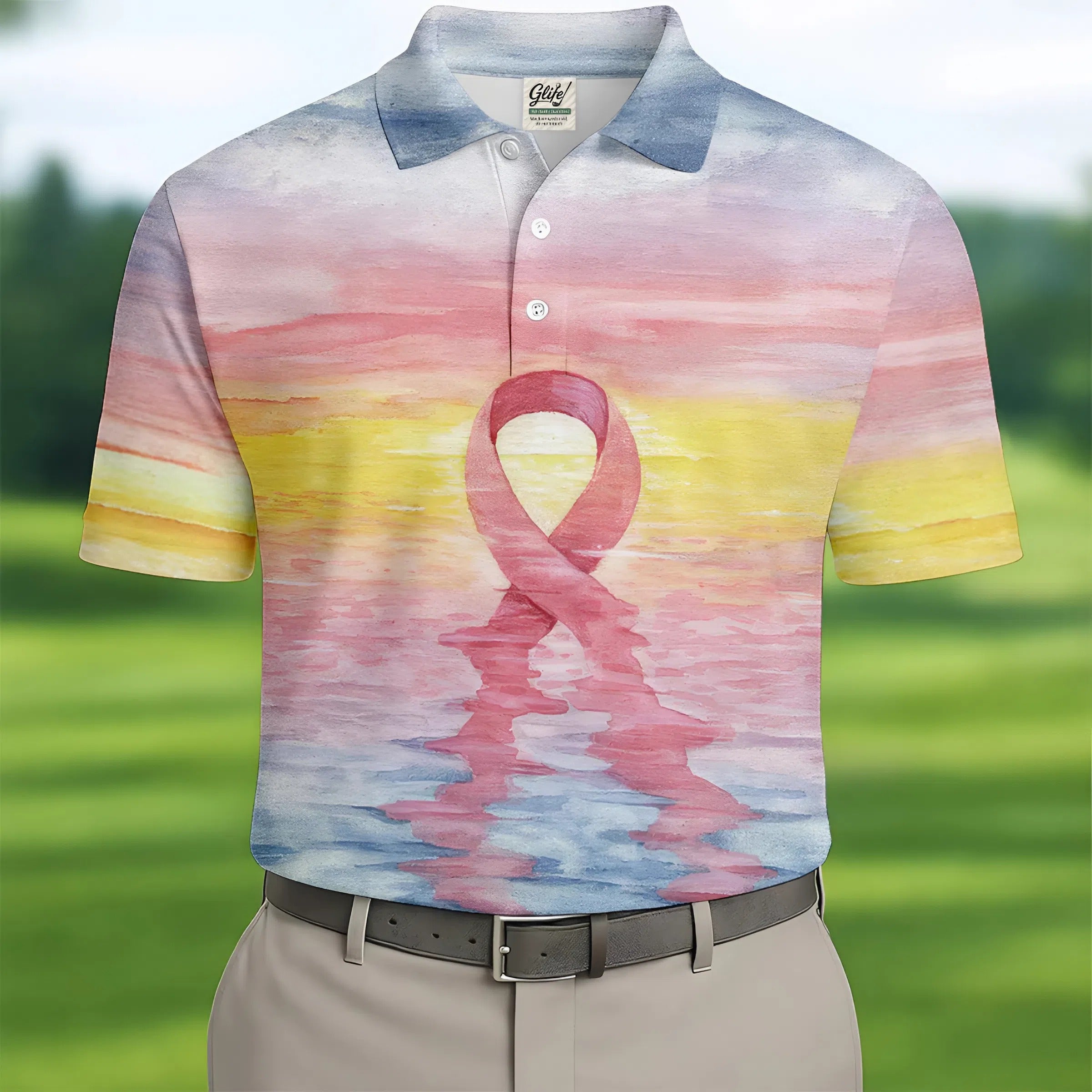 Pink Ribbon Breast Cancer Men's Polo Shirt, Breast Cancer Awareness Shirt, Men Golf Shirt, Golf Gift For Him