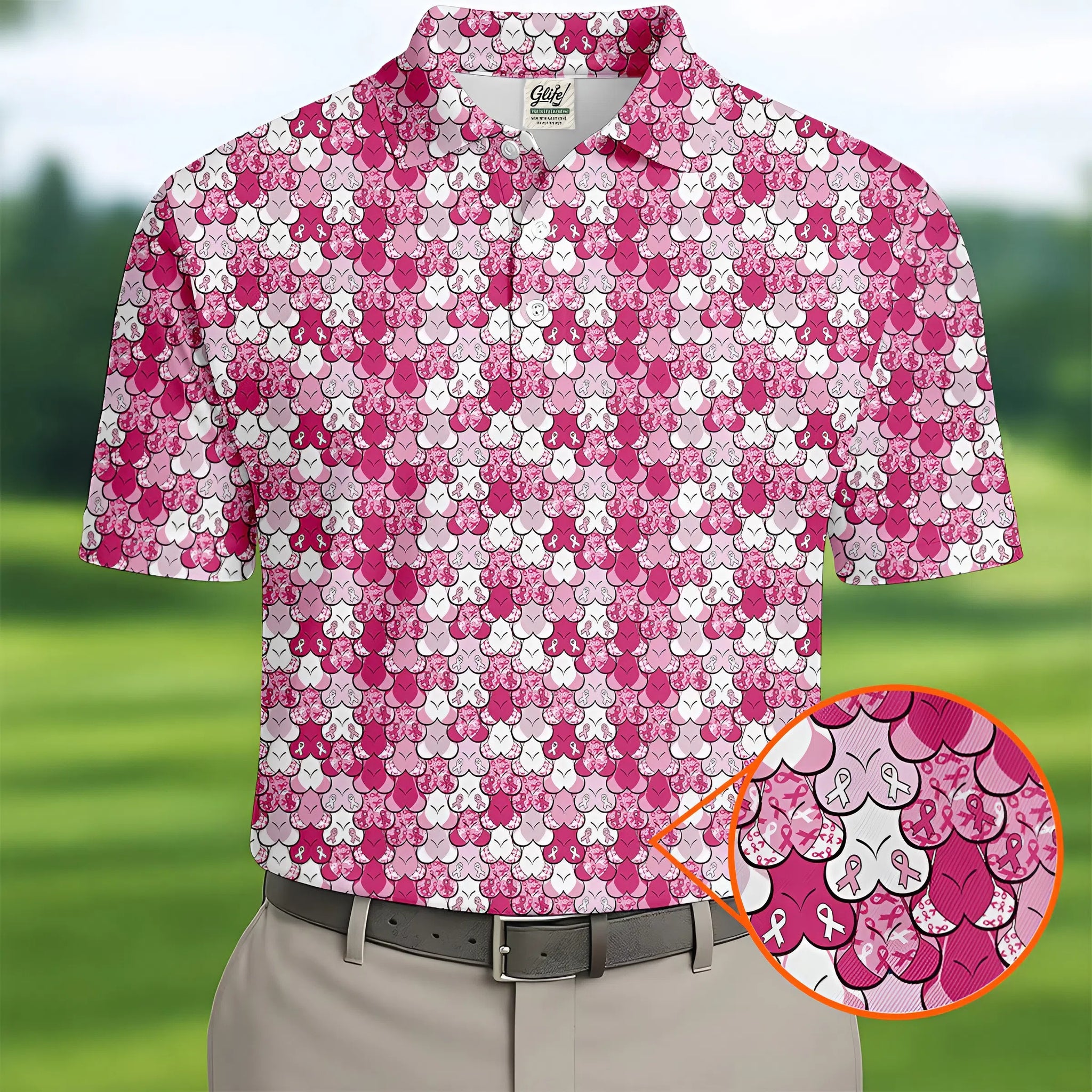 Funny Pink Ribbon Men's Polo Shirt, Breast Cancer Awareness Shirt, Pink Golf Shirt, Men Golf Gift