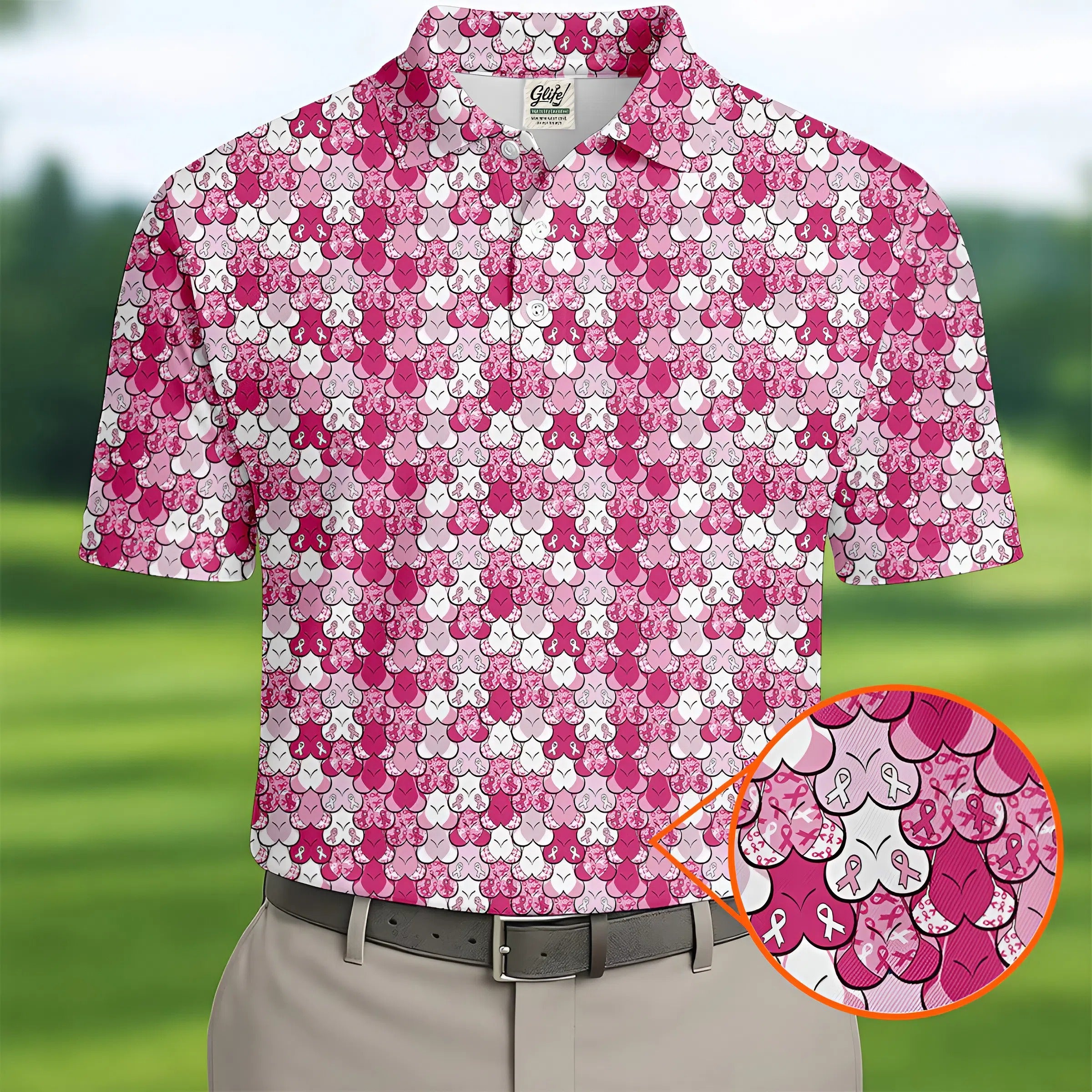 Funny Pink Ribbon Men's Polo Shirt, Breast Cancer Awareness Shirt, Pink Golf Shirt, Men Golf Gift
