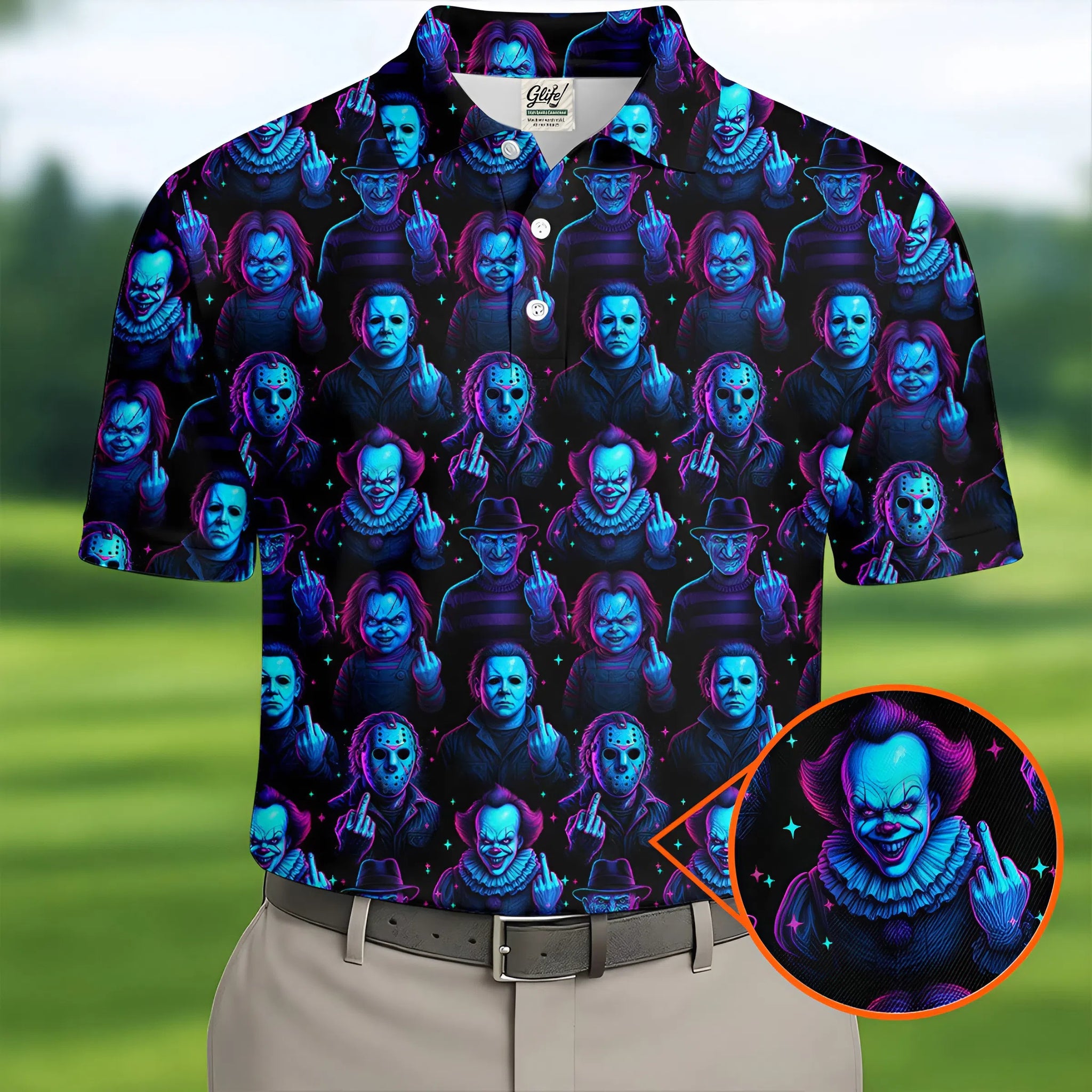 Funny Middle Finger Men's Golf Shirt, Horror Character Shirt, Halloween Golf Shirt, Scary Halloween Shirts