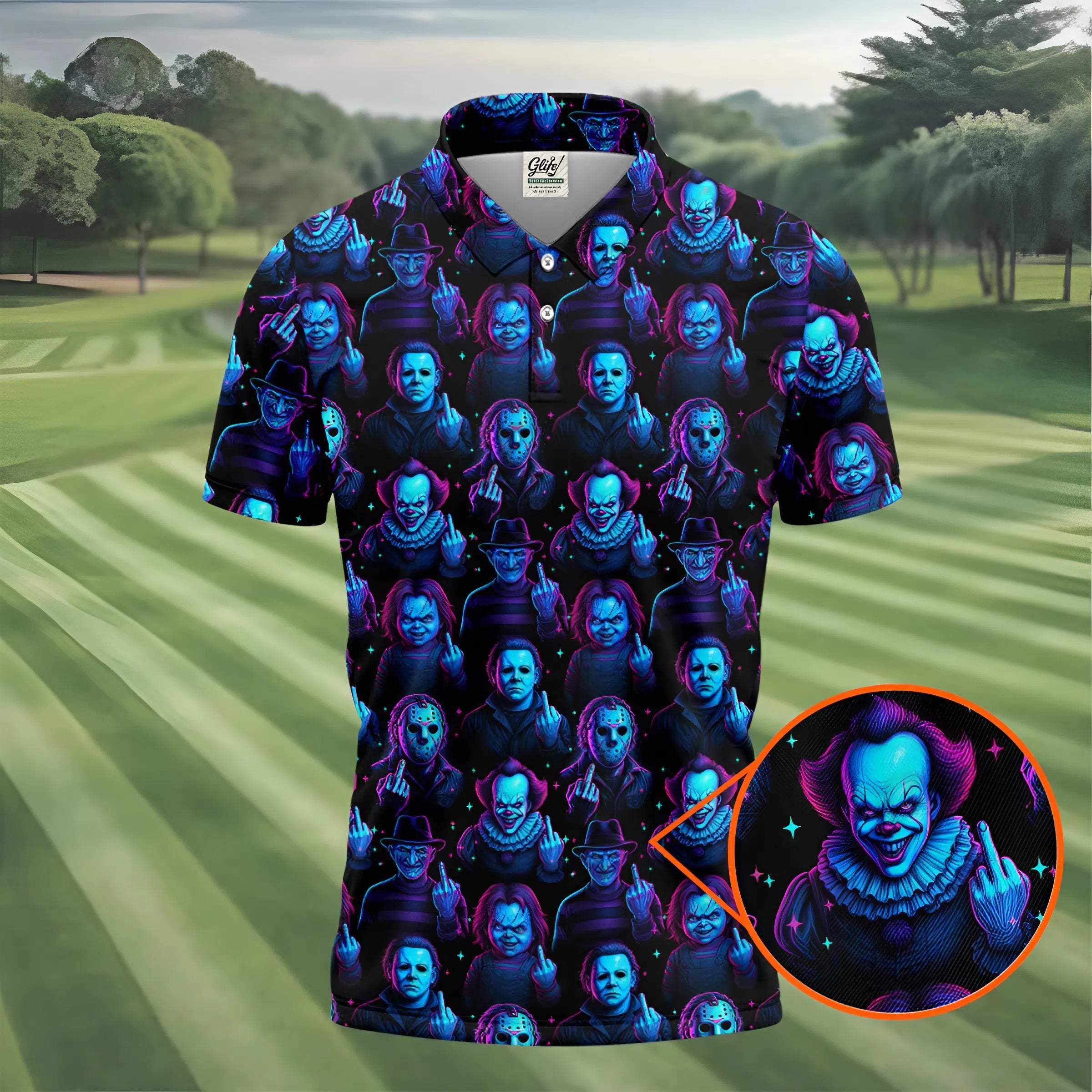 Funny Middle Finger Men's Golf Shirt, Horror Character Shirt, Halloween Golf Shirt, Scary Halloween Shirts