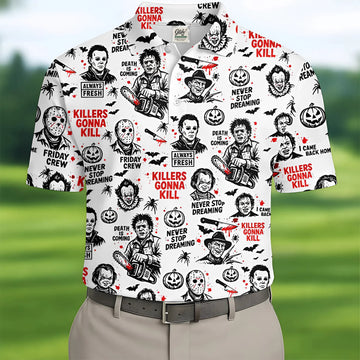 Funny Horror Character Men's Golf Polo Shirt, Horror Movie Shirt, Fun Golf Polo Shirt, Funny Halloween Gift