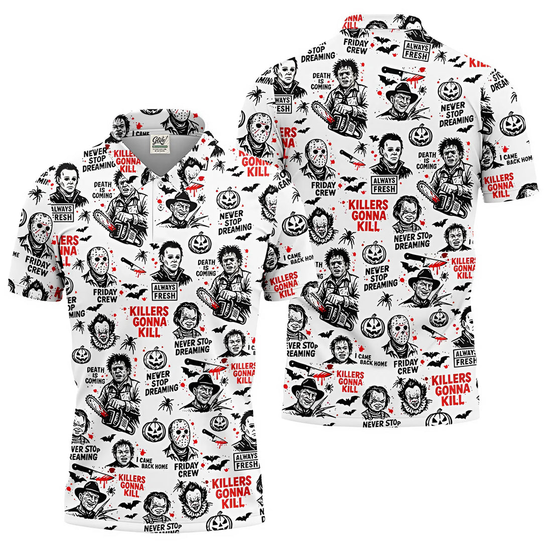 Funny Horror Character Men's Golf Polo Shirt, Horror Movie Shirt, Fun Golf Polo Shirt, Funny Halloween Gift