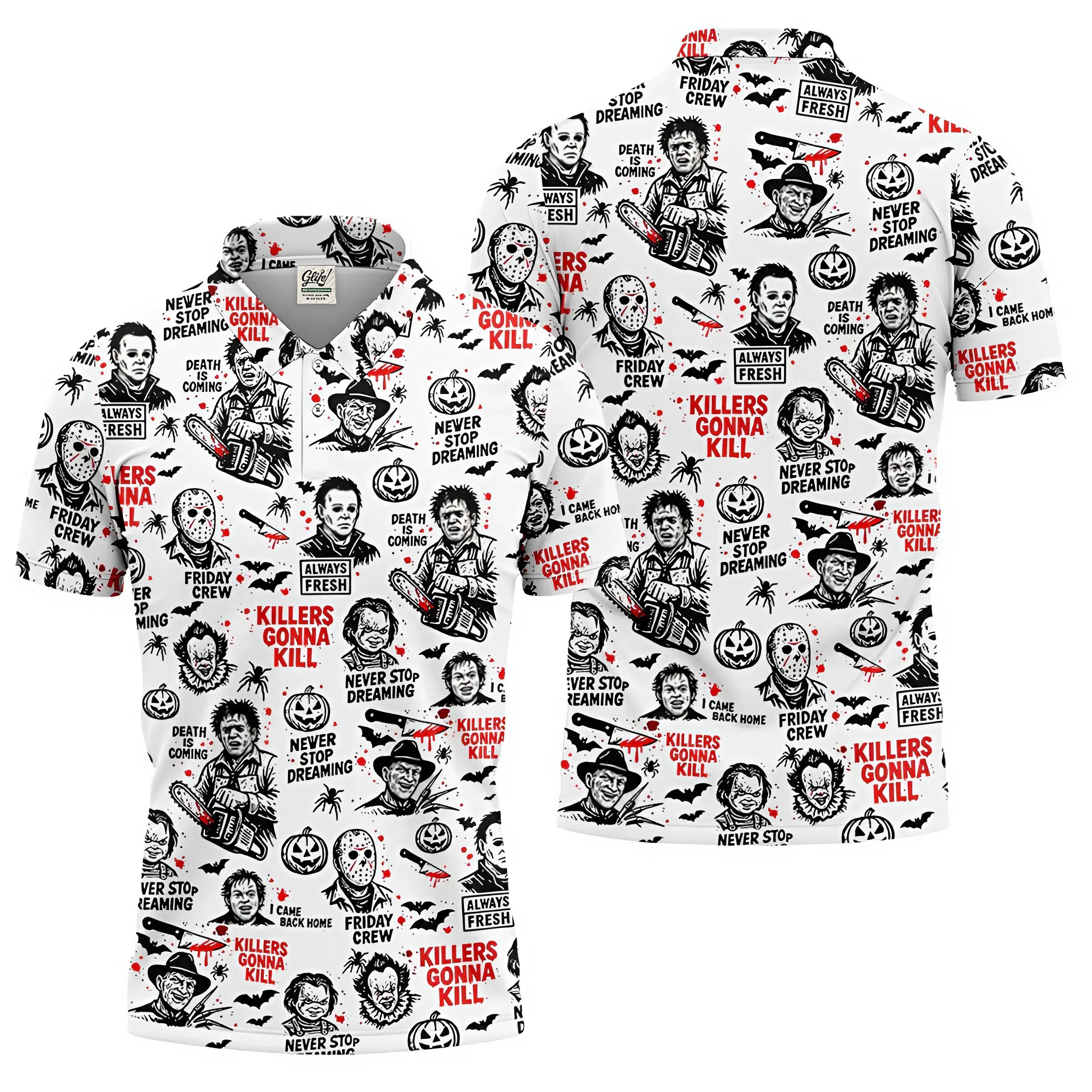 Funny Horror Character Men's Golf Polo Shirt, Horror Movie Shirt, Fun Golf Polo Shirt, Funny Halloween Gift