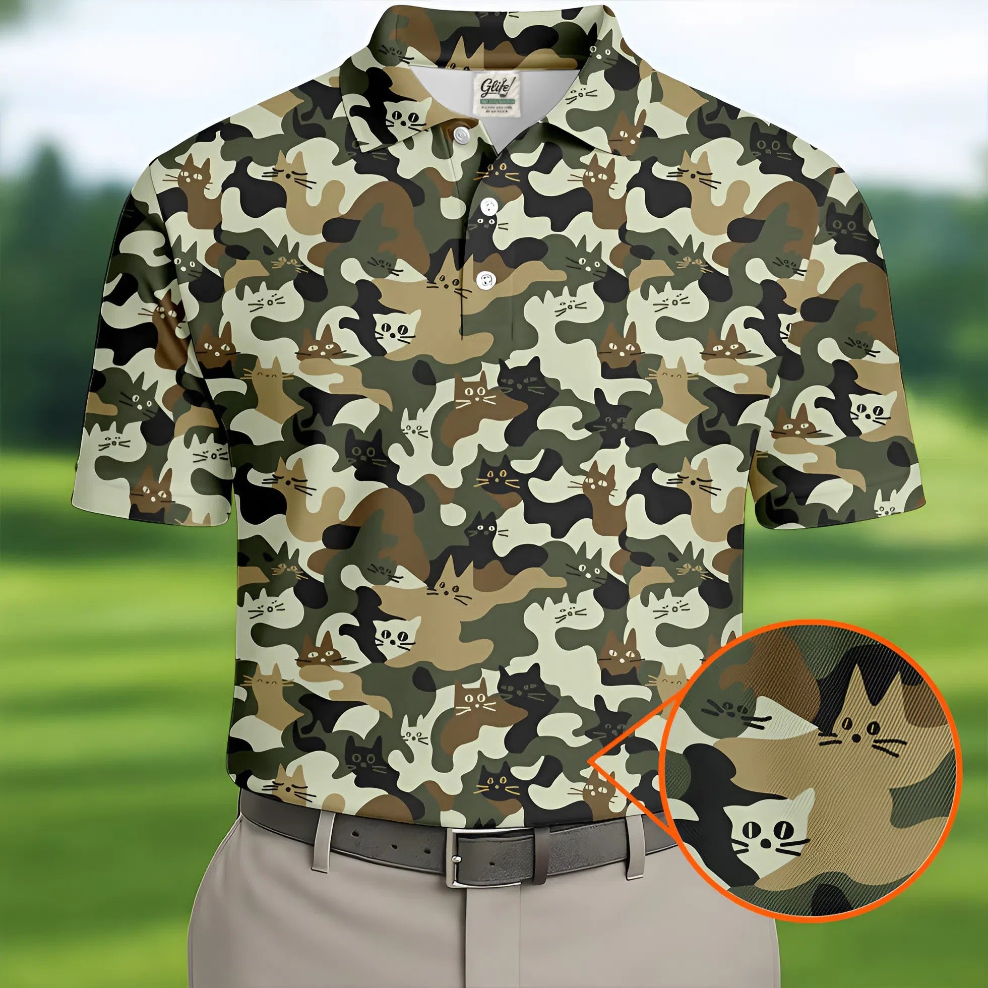 Funny Cat Camo Men's Golf Polo Shirt, Cat Golf Shirt, Funny Golf Shirt, Mens Golf Gift