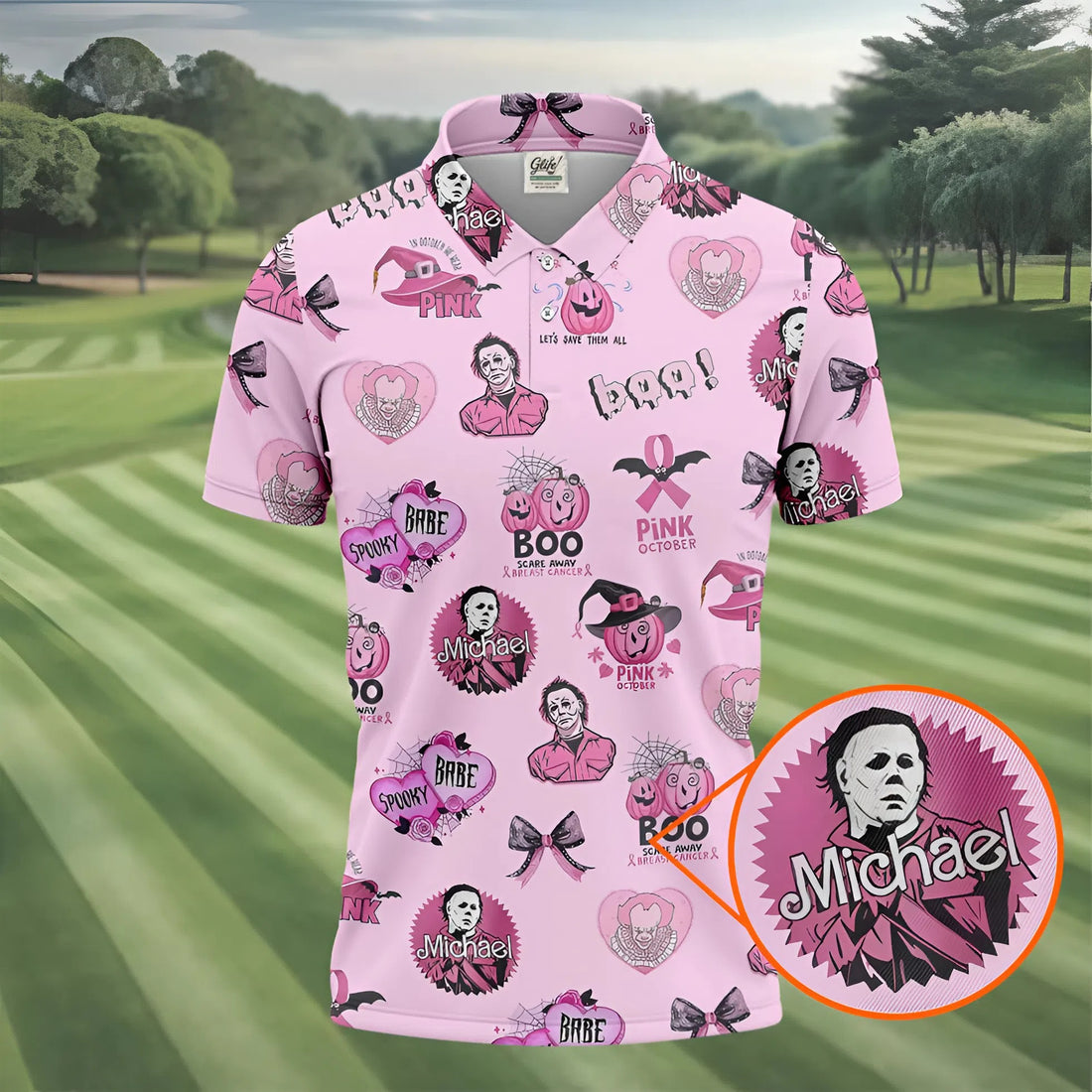 Funny Michael Horror Character Men's Golf Shirt, Pink October Shirt, Halloween Golf Shirt, Men's Golf Shirt