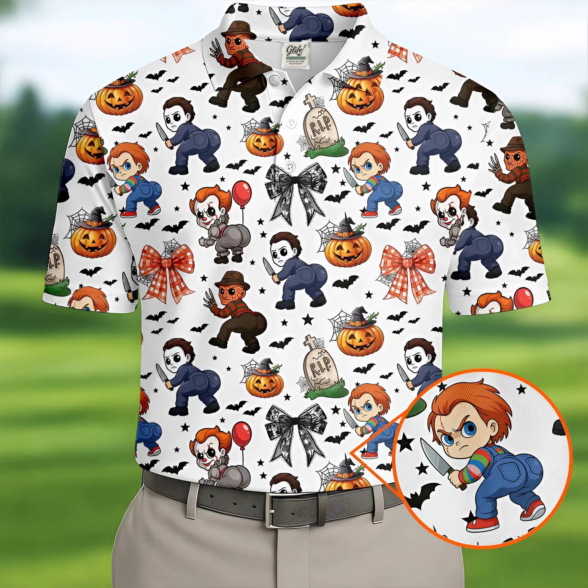 Funny Horror Character Men's Golf Shirt, Horror Movie Halloween Shirt, Halloween Golf Shirt, Men Golf Gift