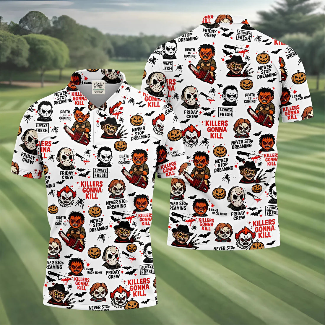 Classic Horror Characters Halloween Golf Shirt, Men's Golf Polo Shirts, Horror Movie Shirt