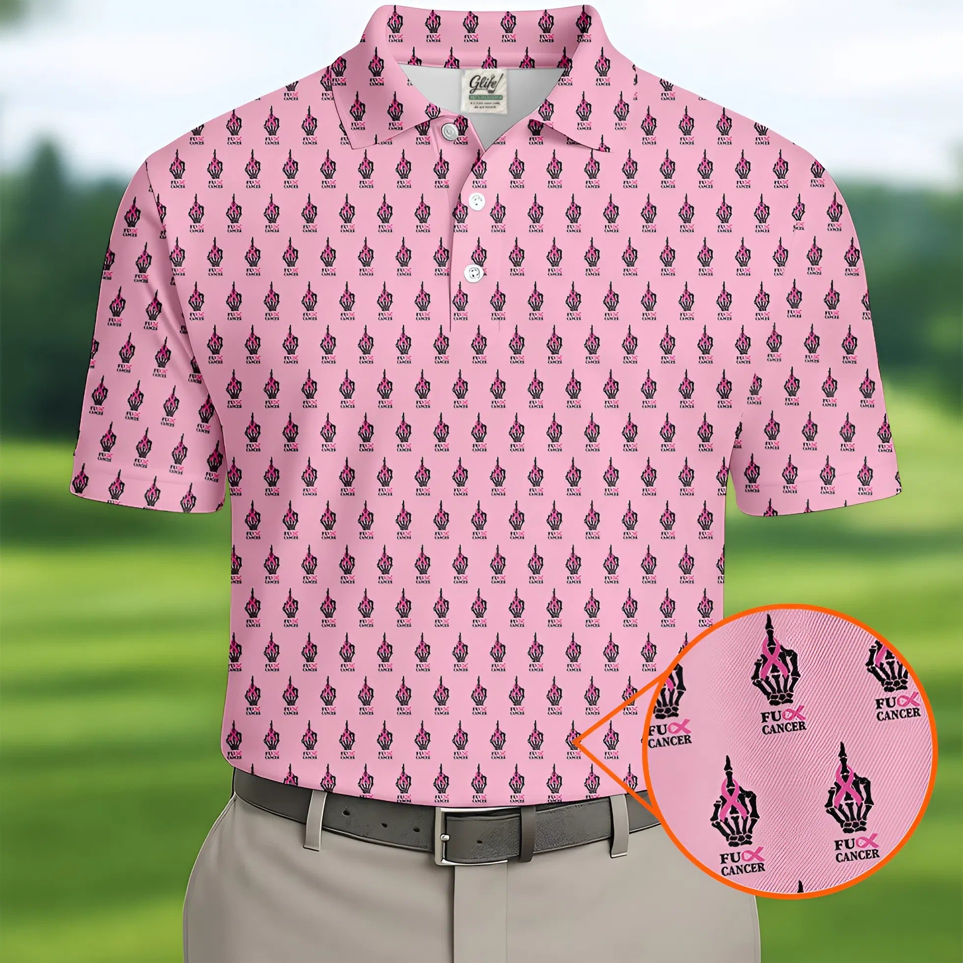 Funny Middle Finger Pink Golf Shirt, Breast Cancer Golf Shirt, Couple Golf Shirt, Matching Golf Shirt