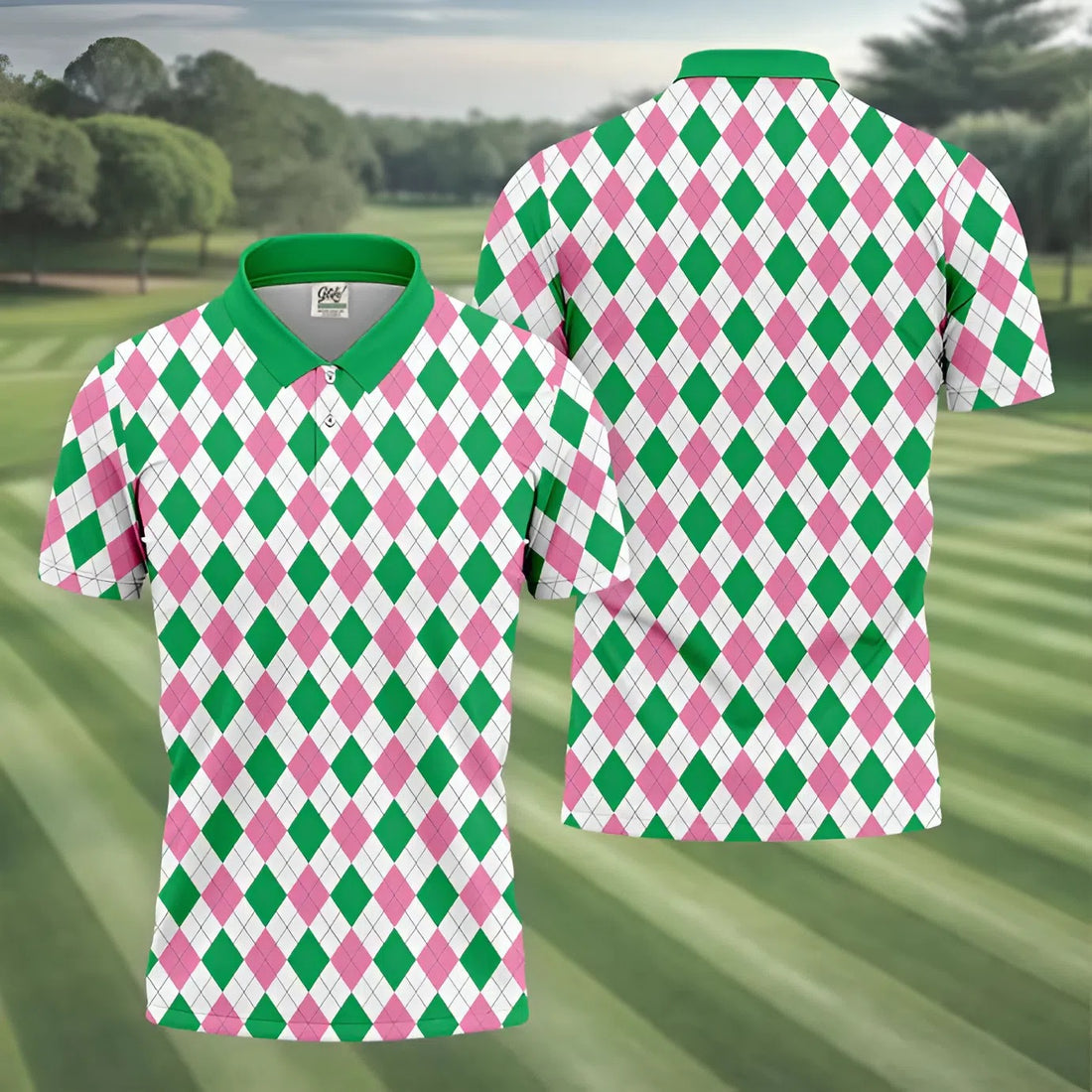 Green Pink Argyle Men Golf Shirts, Funny Golf Polos, Unique Gift For Golfer