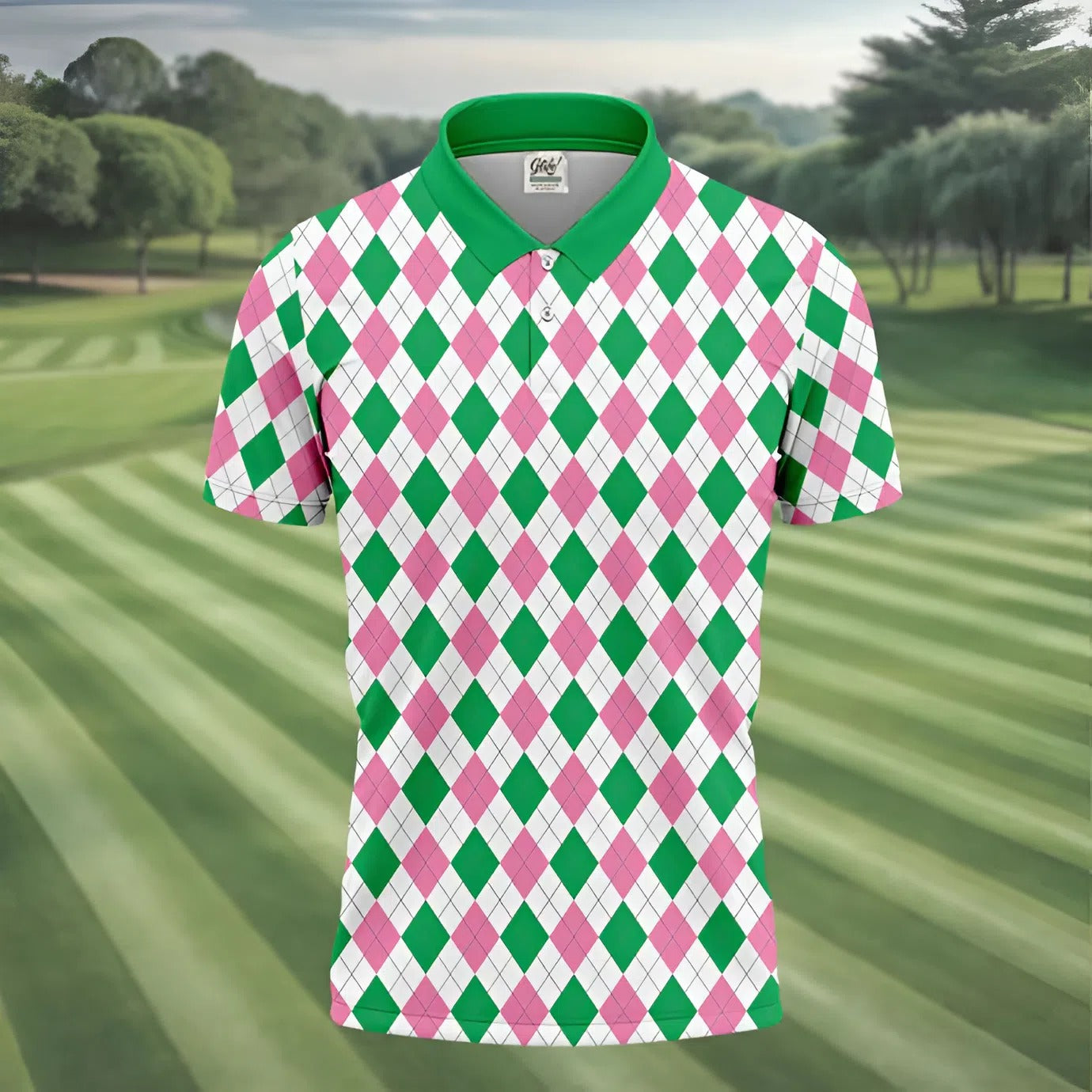 Green Pink Argyle Men Golf Shirts, Funny Golf Polos, Unique Gift For Golfer