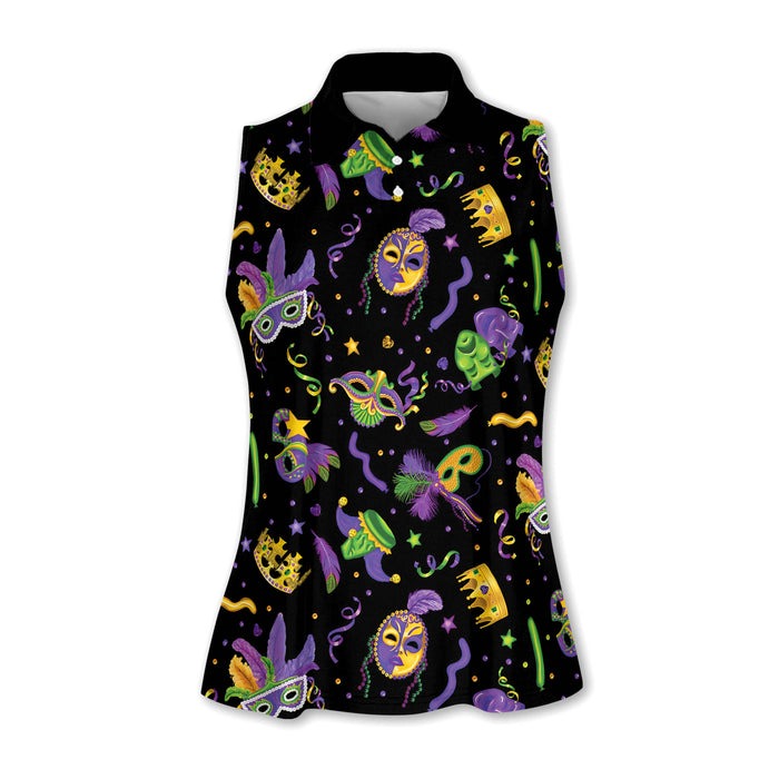 Mardi Gras Golf Sleeveless Polo Shirts Womens, Mardi Gras Black Golf Shirt, Custom Ladies Golf Shirt